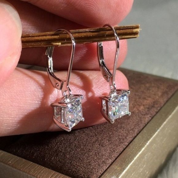 Princess Cut Earrings, 2 Carat CZ Drop Earrings, Jewelry Gift for Her - Picture 6 of 6